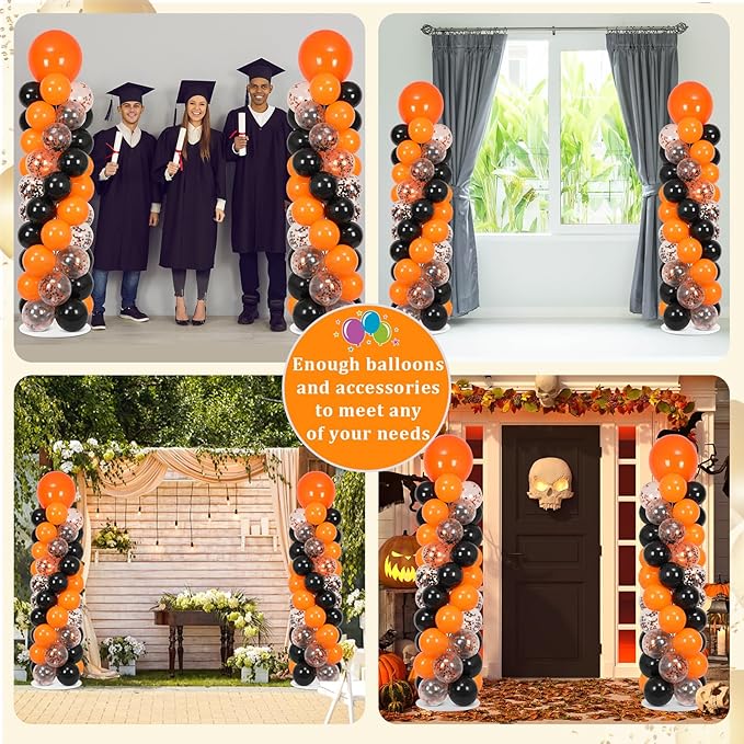 2 Sets Orange and Black Balloon Column Stand Kit with 100 Balloons Adjustable Balloon Tower Stand with Bases for Floor Black Orange Confetti Balloon Column Kit for Valentine Birthday Party Decor