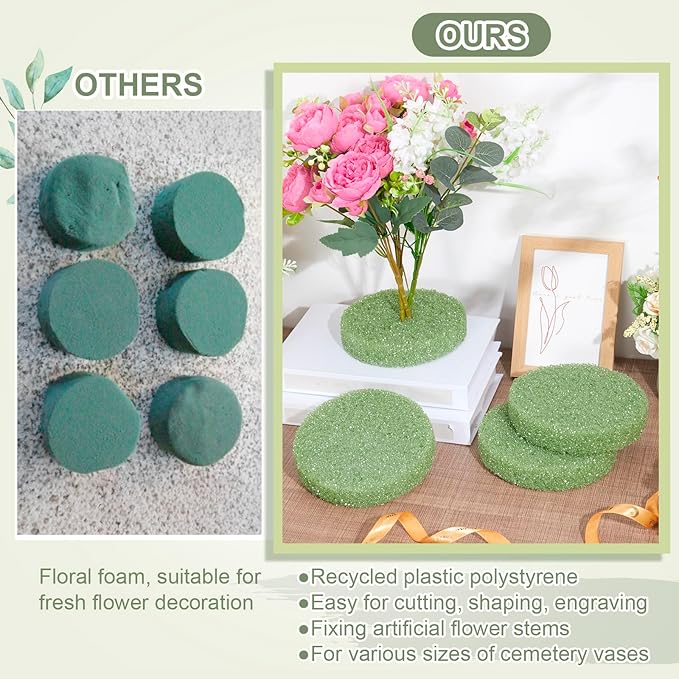 Chunful 6 Pack Cemetery Vase Floral Foam Inserts 1.25 x 5.8 Inch Round Green Floral Foam for Artificial Flowers Dry Foams for Grave Vase Headstone Flower Arrangement