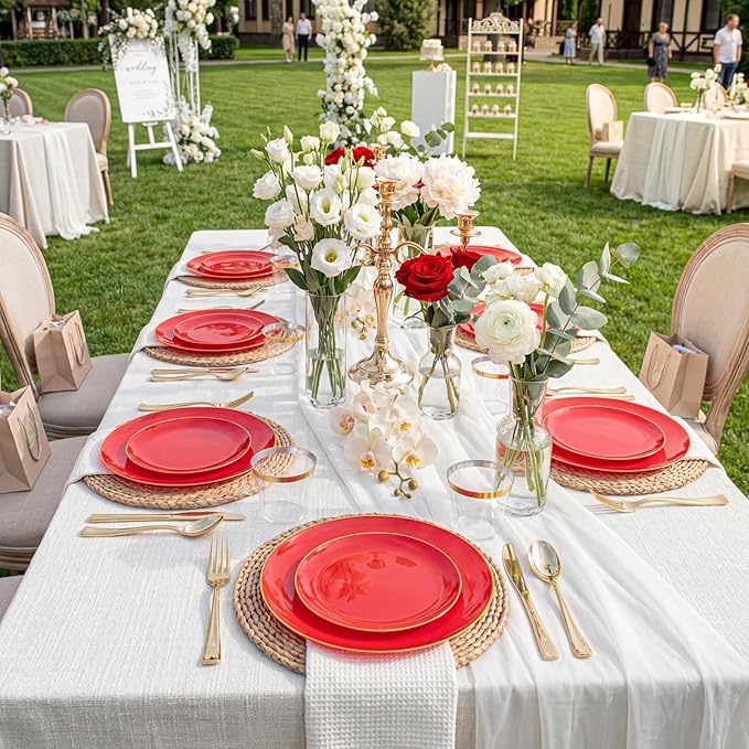 WDF 300Pcs Red Disposable Plates - Red Plastic Plates - 50guest Disposable Dinnerware Include 50 Dinner Plate, 50 Dessert Plate, 150 Cutlery & 50 9oz Cups for Wedding Baby Shower Spring Mother's Day