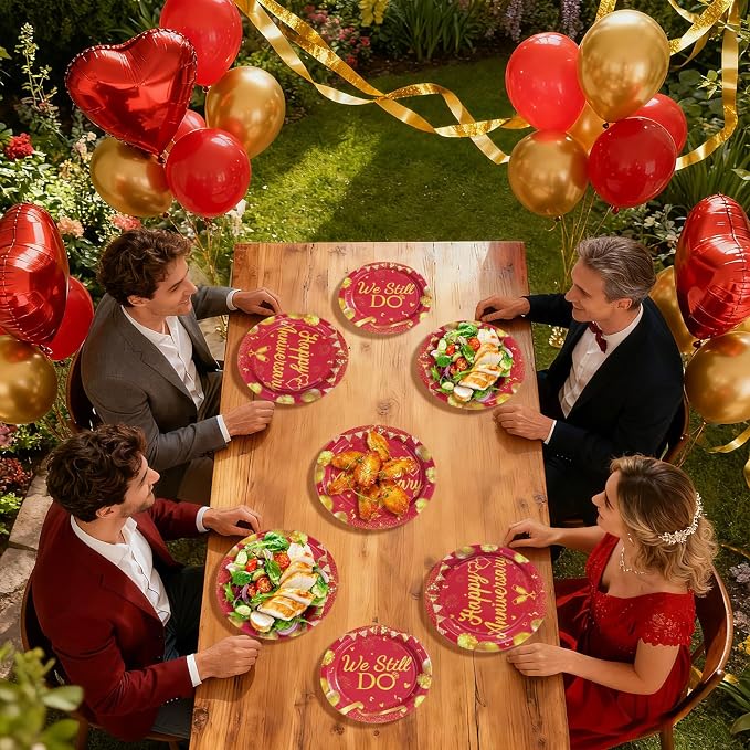 96Pcs Happy Anniversary Party Supplies Red Gold Wedding Plates and Napkins We Still Do Tableware Set for Men Women 40th 50th 60th Wedding Anniversary Party Supplies,Serves 24