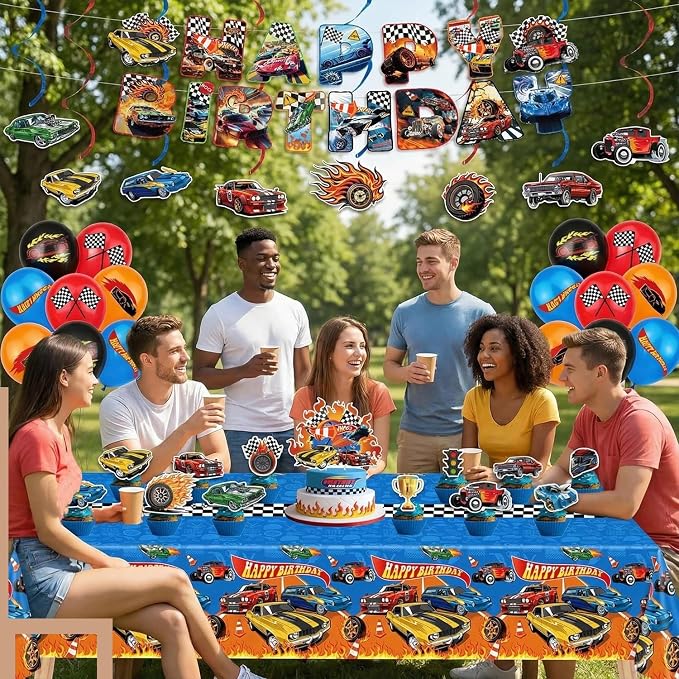Race Car Birthday Decorations Party Decorations Set Include Race Car Balloons, Tablecloth, Backdrop, Cake Cupcake Toppers, Hanging Swirls, Banner Racing Car Party Supplies for Boys Birthday Decor