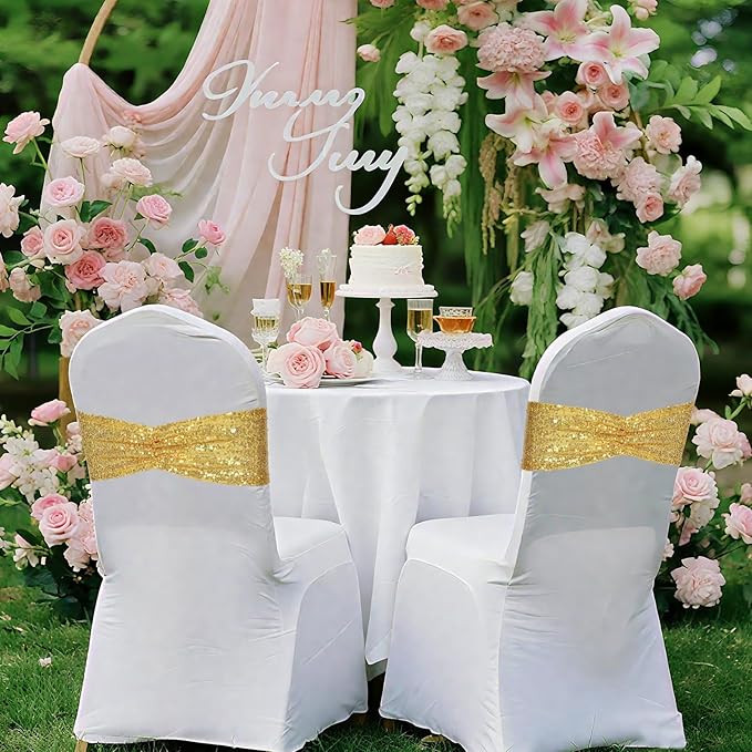 Poise3EHome Gold Sequin Chair Sashes Folding Chair Covers Bow for Party Wedding Reception Decorations, 100 PCS