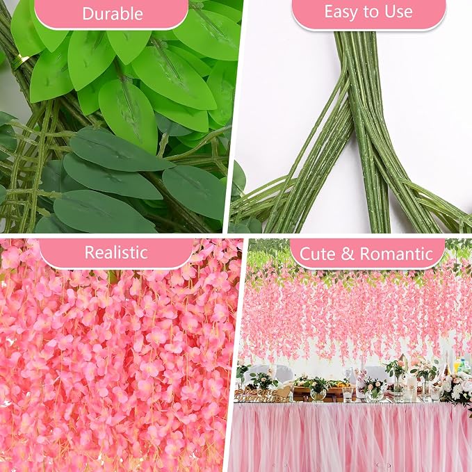 24Pcs Artificial Wisteria Hanging Flowers, 3.6Ft/Pcs Deep Pink Fake Wisteria Garland for Wedding Party Home Garden Indoor Outdoor Decoration