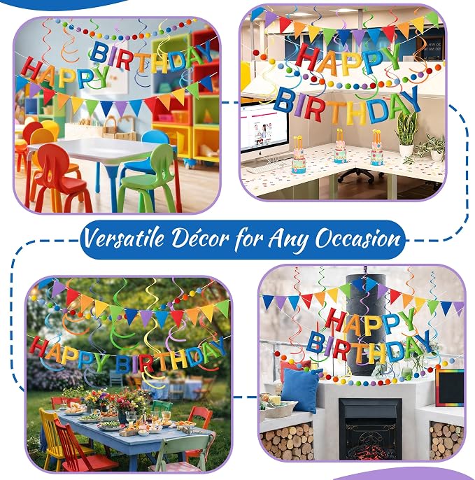Kriyokiaa Pre-Strung Felt Happy Birthday Banner Colorful Rainbow Happy Birthday Party Decorations with Pom Pom Garland, Flag and Hanging Swrils for Women Men Boys Girls Party Decor