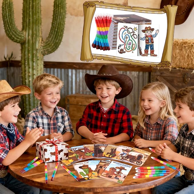 BenLouis 24 Western Cowboy Mini Coloring Books Kids With 24 Stacking Crayons Wild West Party Favors Activity Books Bulk for Kids Yee Haw Rodeo Goodie Bag Gift Stuffer Classroom Reward