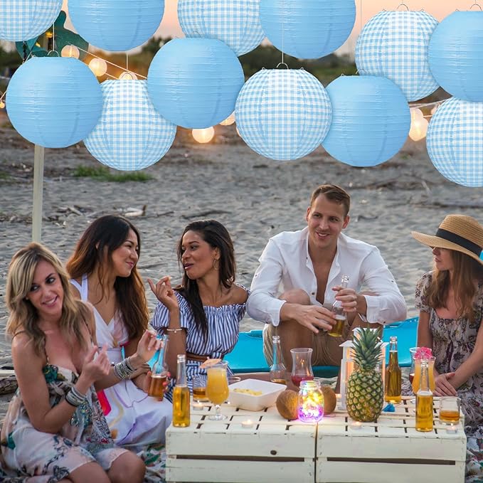 Honoson 12 Pcs Blue Gingham Paper Lanterns 10 Inch White and Blue Checkered Plaid Round Chinese Hanging Lanterns for Baby Boy Shower Wedding Birthday Picnic BBQ Decoration