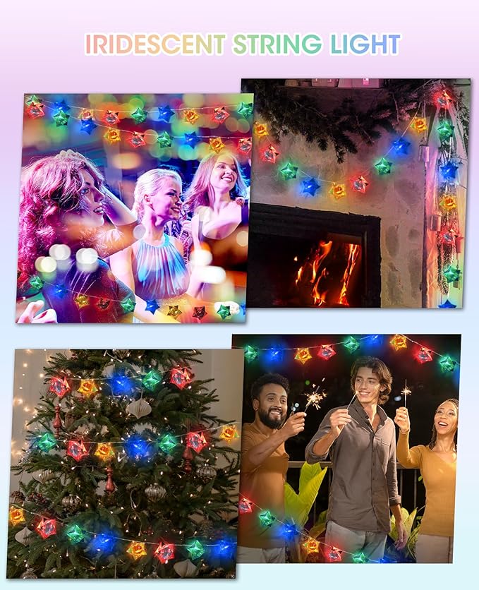 AceList Iridescent Decor 10Ft Star String Lights 20 LED USB/Battery Operated String Lights Indoor/Outdoor, Holographic Decor for Christmas Birthday Party Tent Outer Space