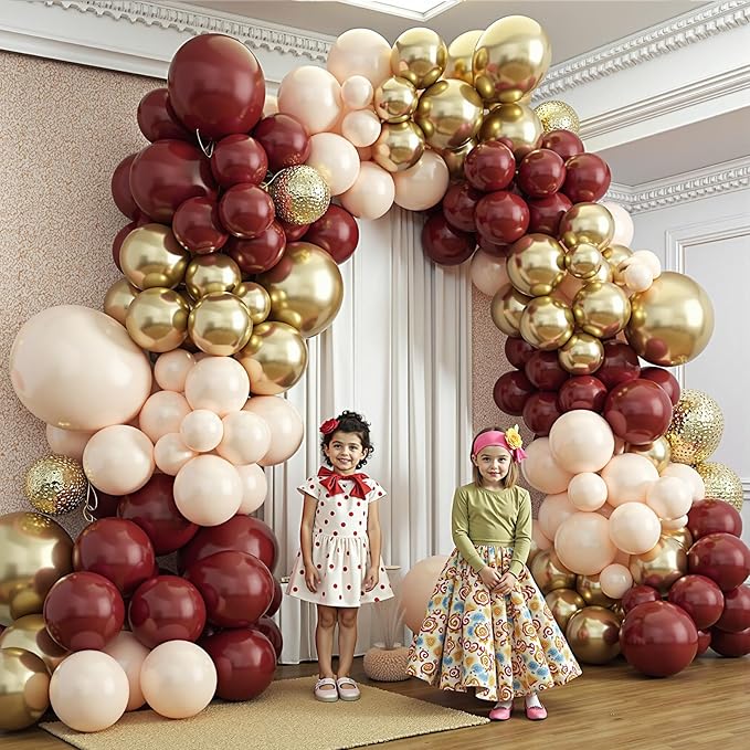 Burgundy Balloon Garland Arch Kit,412Pcs Burgundy and Sand White Metallic Gold Balloons for Wedding Bridal Shower Birthday Wine Anniversary Engagement Party Graduation Decorations