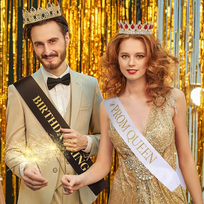 6 Pieces Prom King and Queen Crowns Sashes Set, Crystal Tiara for 2026 Homecoming Graduation Party Birthday Wedding