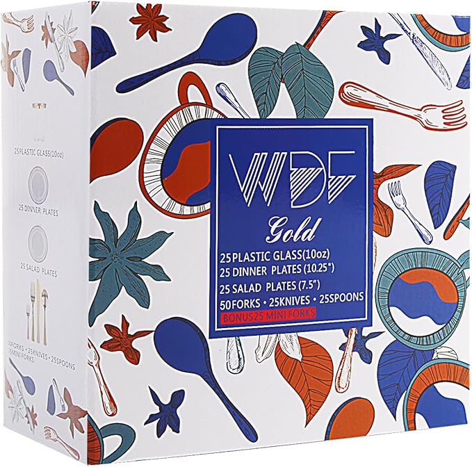 WDF 25Guest Gold Plastic Plates - Heavy Duty Plastic Plates Dinnerware - Include 25 Dinner Plate 25 Salad Plates 50 Forks 25 Knives 25 Spoons 25 Cups 25 Mini Forks for Wedding Birthday Valentine’s Day