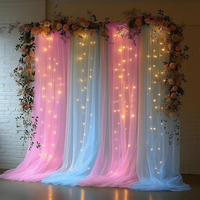 Pink and Blue Tulle Backdrop Curtain with Lights String - 10x10ft Sheer Wedding Backdrop for Baby Shower, Birthday Party, Photo Shoot Decorations - 2 Panels (5ft x 10ft Each)
