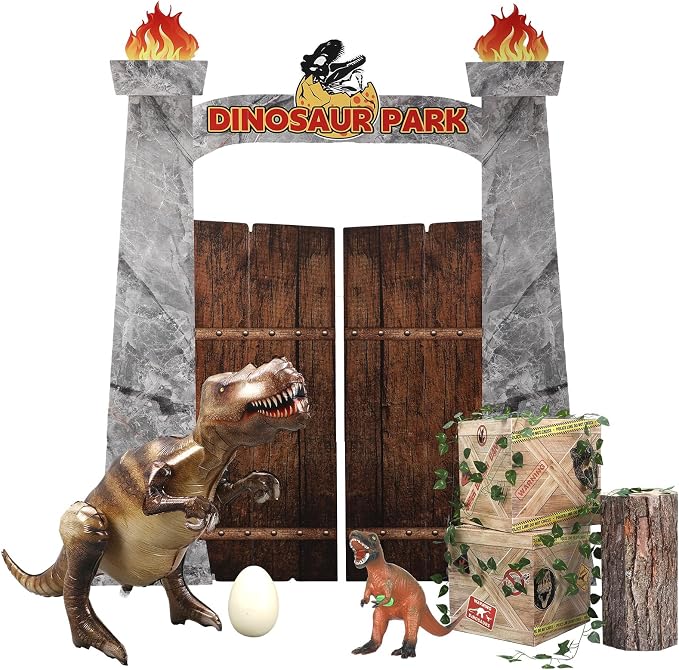 Ctosree 9 Pcs Dinosaur Party Decorations Set 59'' Cardboard Dinosaur Gate 47'' Inflatable Dino, 3D Dino, 12'' Box, Wooden Stake, Egg and Pothos Leaves for Birthday Party Supplies