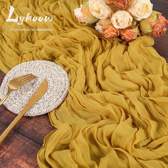 5 Packs Cheesecloth Table Runner Mustard Yellow, 10Ft x 35" Yellow Rustic Gauze Boho Wedding Table Runner Decoration, Wedding Table Decor Table Cloth for Wedding Party Bridal Shower Table