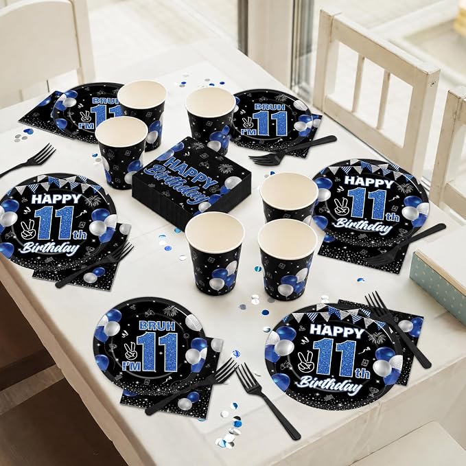 96PCS 11th Birthday Party Supplies Blue and Black 11th Birthday Plates and Napkins Black Blue Bruh I’m 11 Tableware Dinnerware Video Game Theme Decorations for Boys Party Favors Serves 24