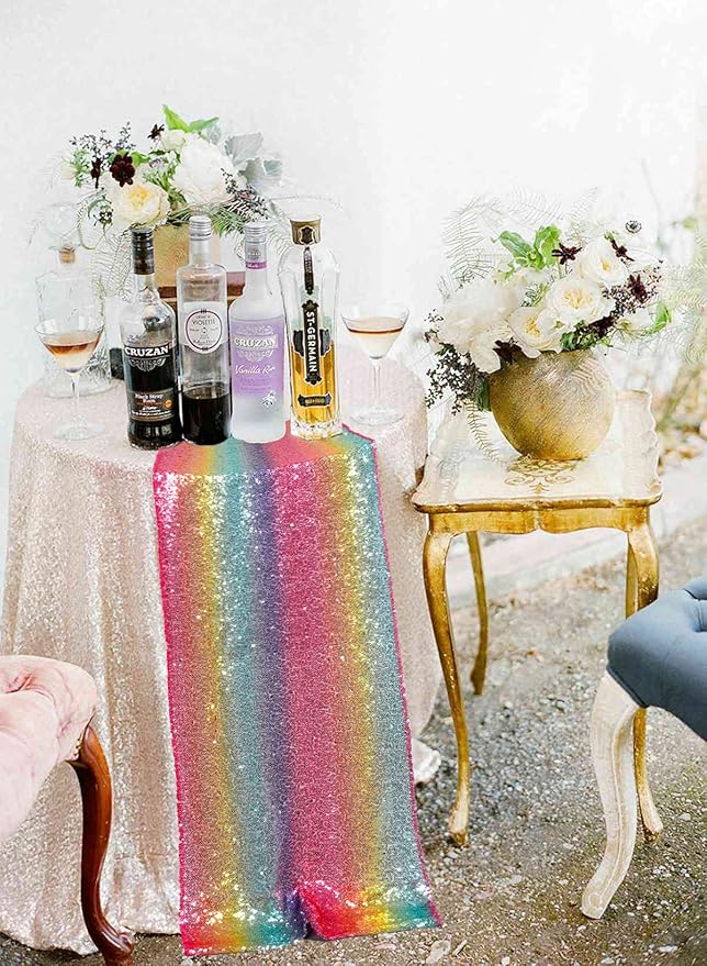 ShinyBeauty Rainbow Table Runners - Pack of 10, 12x108-Inches, Sequin Glitter Fabric Covers for Rectangle & Round Tables, Christmas & Birthday Decor