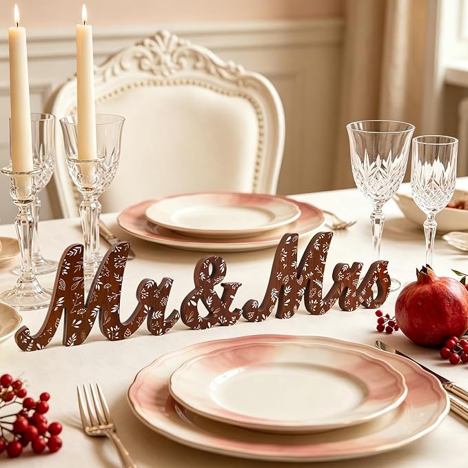 Mr & Mrs Sign for Wedding Table Blue Floral Wedding Decorations for Reception Rustic Wooden Freestanding Letters Table Centerpieces Wooden Photo Booth Props for Wedding Bridal Anniversary Supplies (Brown)