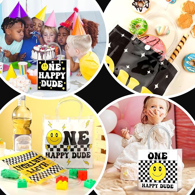 Teenyyou 24 Pcs One Happy Dude Clear Gift Bags with Handles One Happy Dude Party Favor PVC Goodie Treat Candy Tote Plastic Gift Bags for 1st Birthday Party Decor