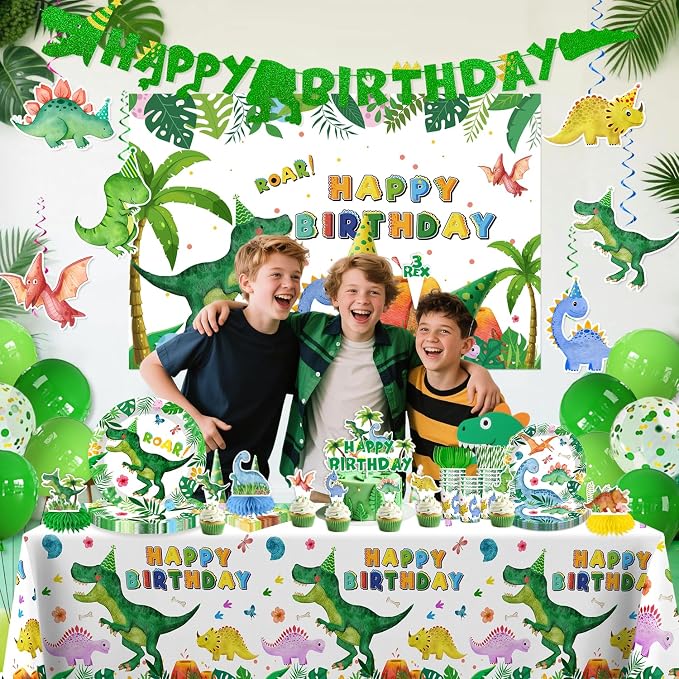 356pcs Dinosaur Birthday Decorations Serves 50, All-in-one Set with Dinosaur Plates and Napkins Set, Banner, Tablecloth, Cupcake Topper, Etc, for Boy Birthday Decorations and Dinosaur Theme Party