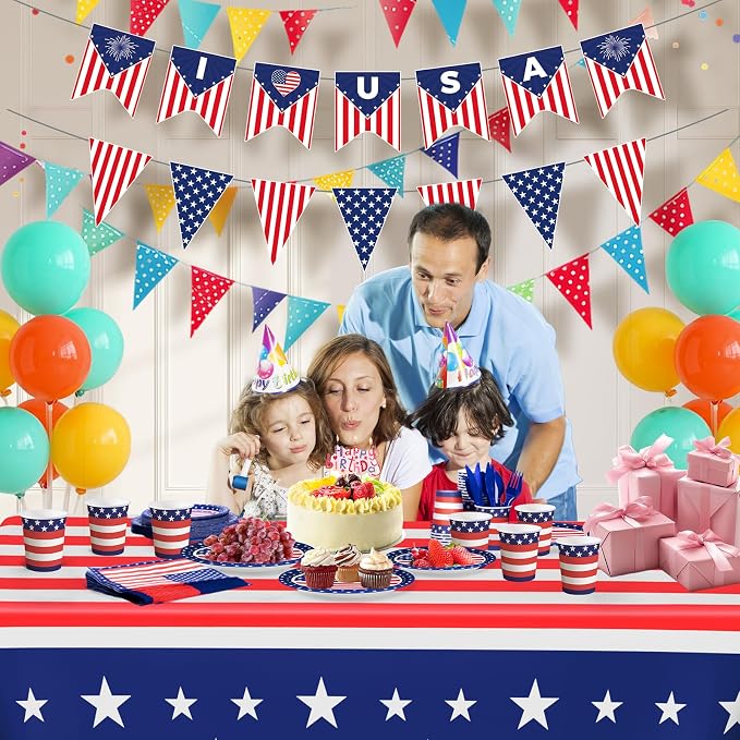 Cecnamt American Flag Themed Party Decorations, 170 Pcs Patriotic Party Decorations Including Banner, Plates, Cups, Napkins, Cutlery, Straws and Tablecloths, Serves 24