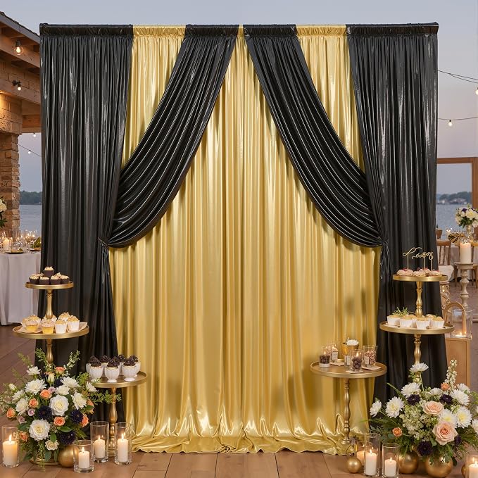 20ft x 10ft Gold Black Sequin Backdrop Curtain for Parties, Wrinkle Free Glitter Photo Backdrop Drapes 4 Panels 5x10ft Back Drop Cloth for Wedding Photography Background