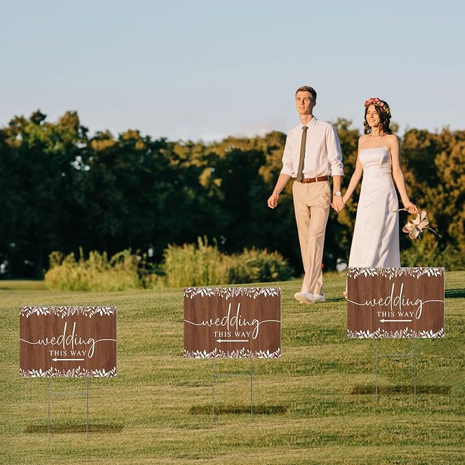 3 Pack 14.5” x 10.5” Wedding This Way Signs Double Sided Printed Wedding Direction Sign with Stakes for Ceremony Reception Lawn Yard Direction Arrow Signs Exquisite Plastic Rainproof Party Supplies,Rustic
