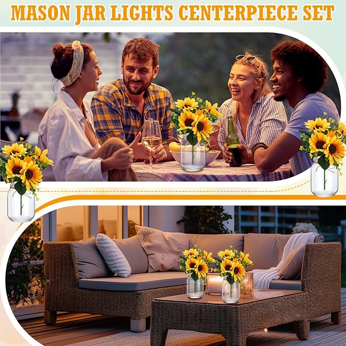 XunYee 10 Set Mason Jar Table Centerpiece with Flower Mason Jar Flower Centerpiece Vases Decor for Engagement Party Bridal Shower Wedding Reception Table Decor(Orange,Sunflower)