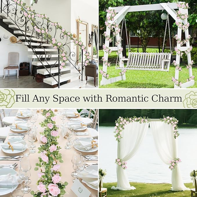 Lewondr Artificial Eucalyptus Garland with Flower - 8 Roses, 6FT Faux Floral Greenery Garlands Fake Flowers Vines, Maintenance-Free for Wedding Table Backdrop Party Centerpiece Room Decor, Pink