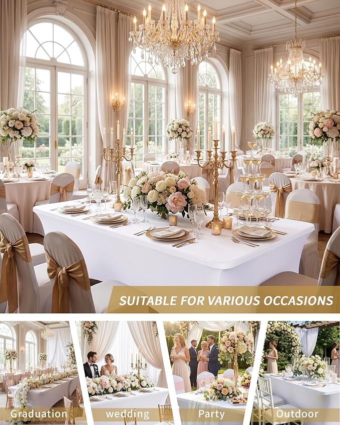Fixwal White Tablecloths for 8 Foot Rectangle Tables, 2 Pack Spandex Stretch Fitted Table Covers for Party, Trade Show, Banquet, Wedding, Buffet