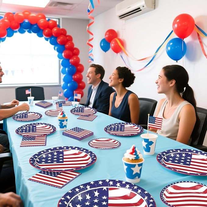 96Pcs 4th of July Patriotic Party Supplies Patriotic Paper Plates and Napkins US American Flag Disposable Tableware for 4th of July 250th Anniversary Memorial Day Party Decorations Serve 24