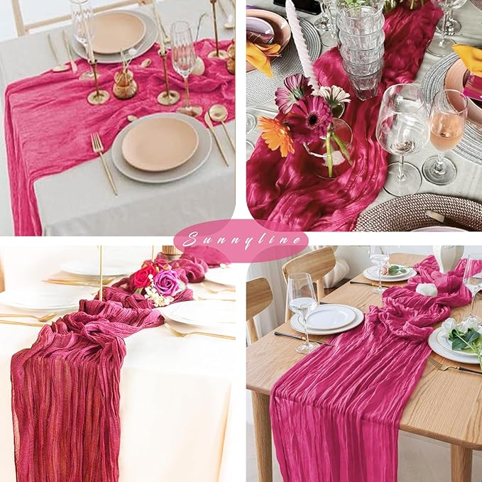 12 Pieces Hot Pink Cheesecloth Table Runners 10FT Gauze Fabric Runner for Tables Boho Table Runner Decoration Rustic Sheer Runner for Wedding Birthday Baby Bridal Shower Party (35 x 120 Inches Long)