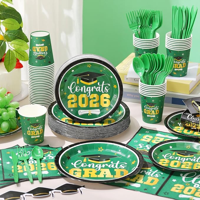 Funnymoom 400 Pcs Graduation Party Supplies Class of 2026 Graduation Paper Plate Napkin Cup Cutlery Congrats Grad Disposable Tableware Set for Grad Party Decorations, Serve 50(Green)