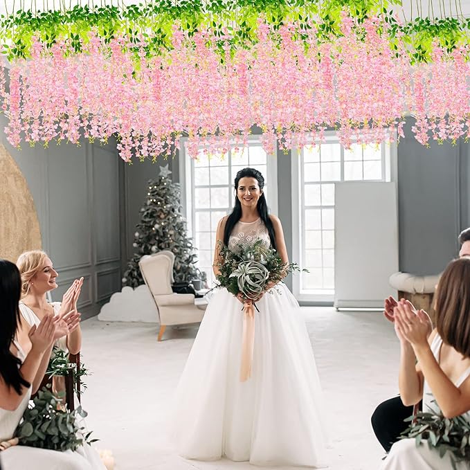 Yunsailing 108 Pack 43.2 in/ 3.6 ft Artificial Fake Wisteria Hanging Flowers Wisteria Faux Flowers Garland Silk Vine Rattan Long Hanging Flowers String for Home Outdoor Wedding Party(Petal Pink)