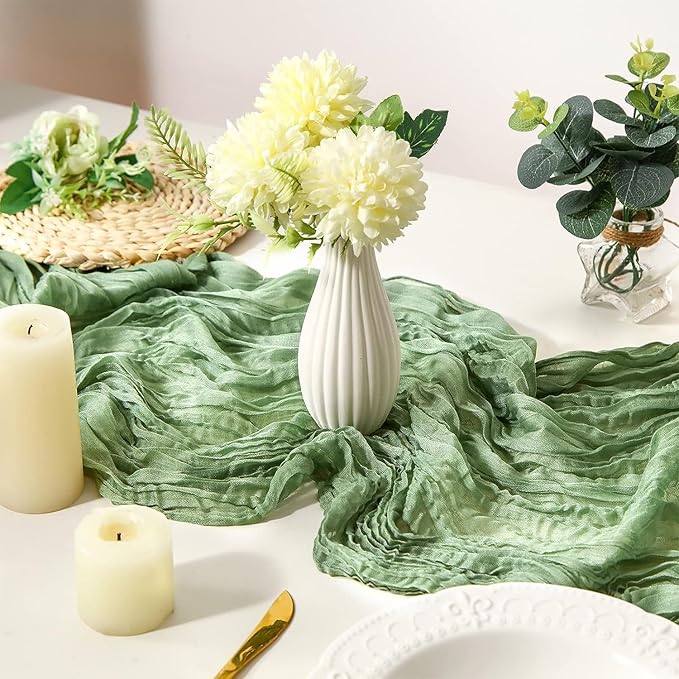 12 Pack Sage Green Cheesecloth Table Runner, 10FT Spring Boho Gauze Green Cheese Cloth Table Runner 35 x120 Inch Semi Sheer Long Runner for Table Wedding Party Banquet Baby Shower Birthday
