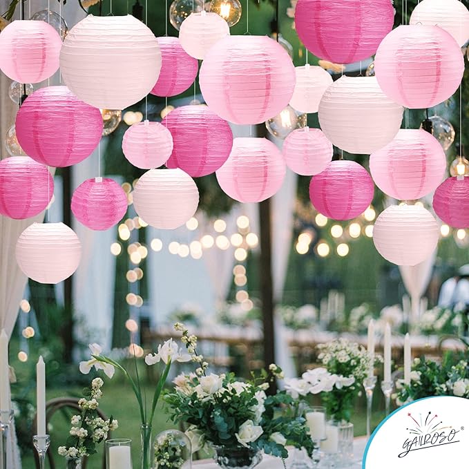 21Pcs Pink Paper Lanterns,4"6"8"10"12" Hanging Round Paper Lanterns Decorations Indoor Outdoor with Tape and String for Graduation Birthday Barbie Party Galentines Day Baby Shower Decorations