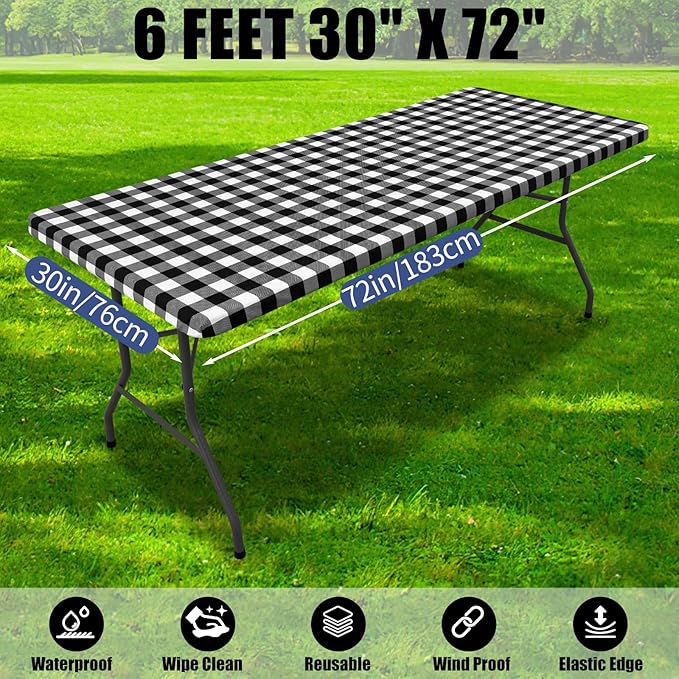 Smiry Picnic Table Cloth 4 Pack, Waterproof Elastic Fitted Tablecloths for 6FT Rectangle Tables, Washable Polyester Buffalo Plaid Tablecloth for Camping, Dining & Outdoor (Black & White, 30" x 72")