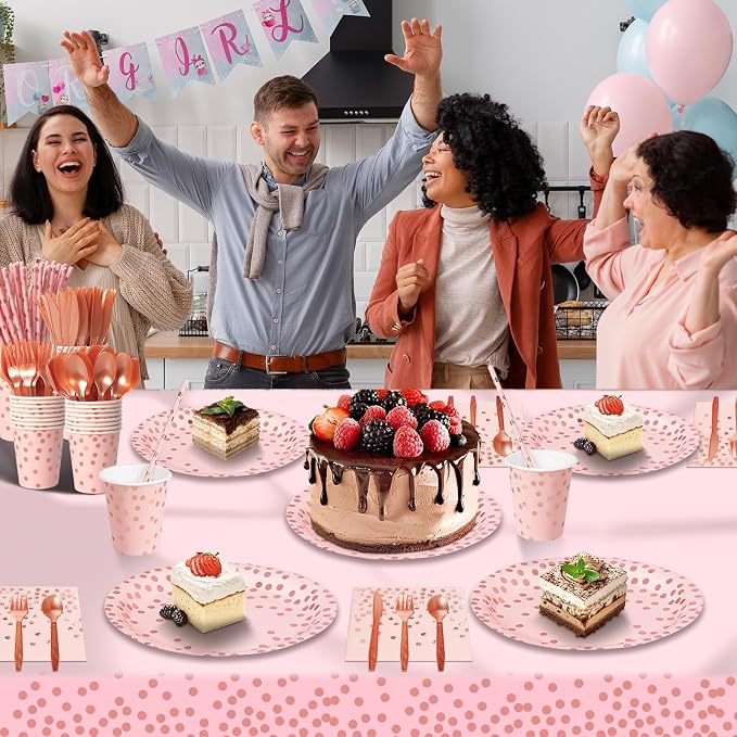 Nkaiso 193 Pcs Pink and Rosegold Paper Plates and Napkins Party Supplies Sets Include Pink Party Plate Cup Napkin Plastic Cutlery for Baby Shower, Wedding, Birthday Decoration -24 Guest