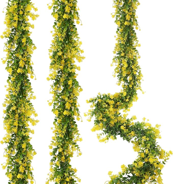 RECUTMS 3Pcs Hanging Garland Plants Artificial Eucalyptus Garland Fake Hanging Eucalyptus Leaf Garlands with Flowers Faux Vine Plants for Indoor Outdoor Spring Home Wall Arch Wedding Decor(Yellow)