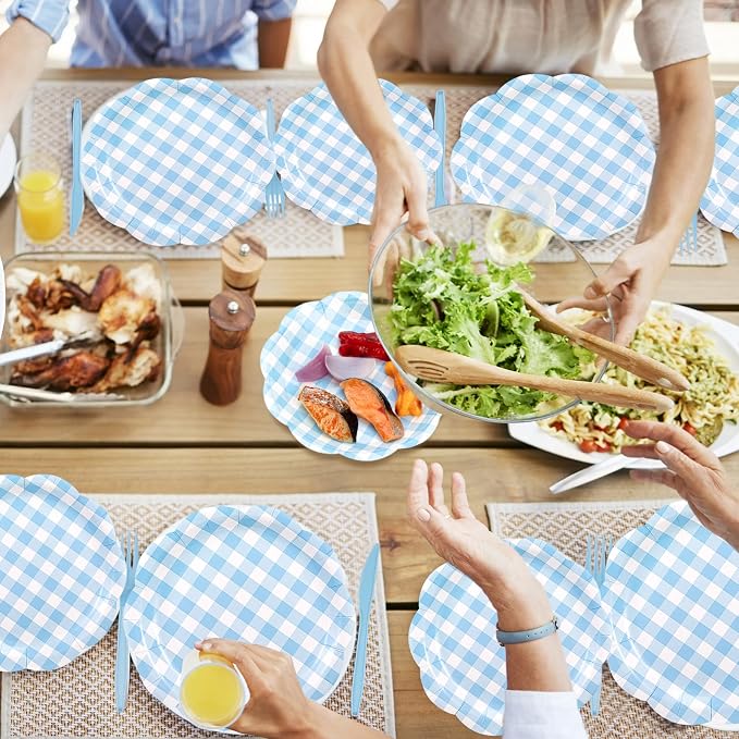 Funnymoom 400 Pcs Gingham Party Supplies for 50 Guests Light Blue and White Paper Plates and Napkins Knives Spoon Fork Cup Disposable Checkered Dinner Party Set Cutlery for Baby Shower Wedding Favor