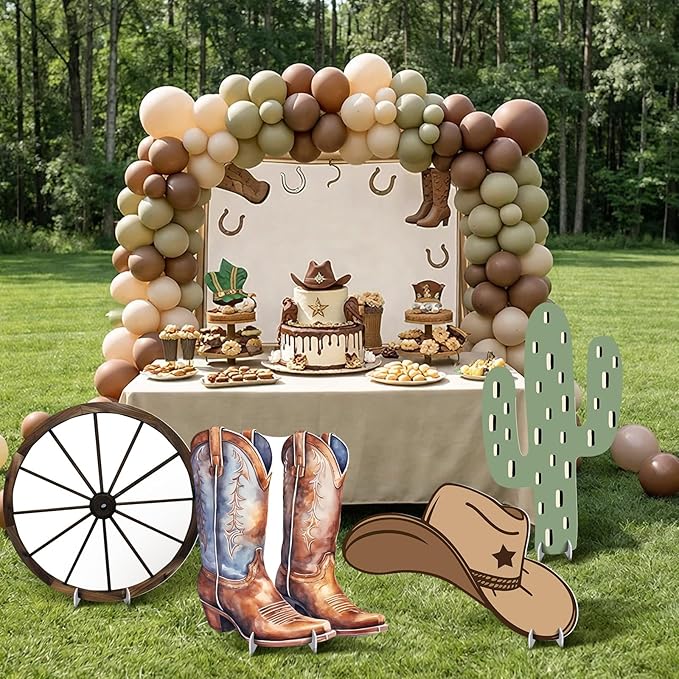 4 Pcs Western Party Decorations, Large Cowboy Birthday Party Decorations, 24 Inch Plastic Cardboard Cutouts Props, Wild West Themed Standups with Boots Wagon Wheel Cactus Hat for Photo Booth