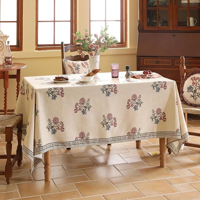 ISAENNE Designer French Linen Rectangular Tablecloth,71"x55"-Helena E | Vintage Elegant Beautiful Table Cloth for Rectangle Table,Floral Pattern,Heavyweight,Dining Room,Kitchen,Thanksgiving