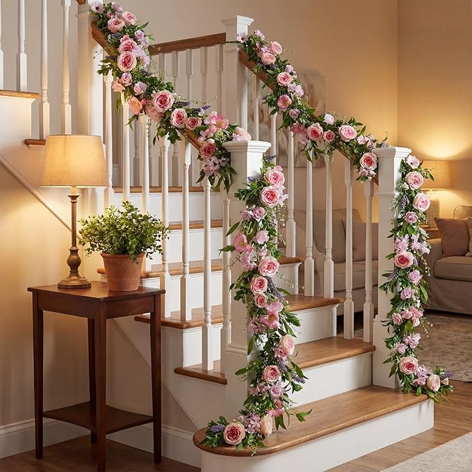 Giegxin 1 Pack 6 ft Artificial Flower Garland with Rose and Daisy Flower Pink Fake Wisteria Vines Summer Greenery Eucalyptus Garland for Wedding Mantle Porch Stair Table Indoor Decor