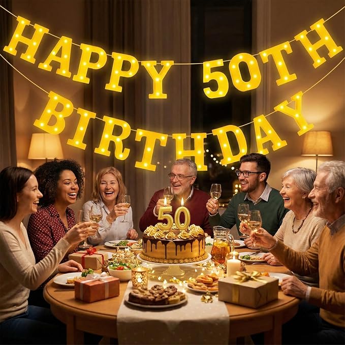 Honoson 17 Pcs 50th Birthday Party Decoration Happy 50th Birthday Light up Table Sign 6.42 Inch LED Neon Marquee Lights for Room Table Wall Decoration Party Supplies