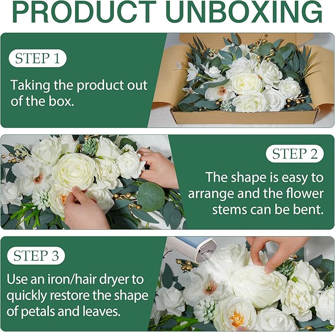 Wedding Arch Flowers (2pack),Flower Arch Stand,Flower Garland,for Wedding Outdoor Decorations Floral swags and Garlands Chair Decorations etc isle Decor,Reusable.(White)