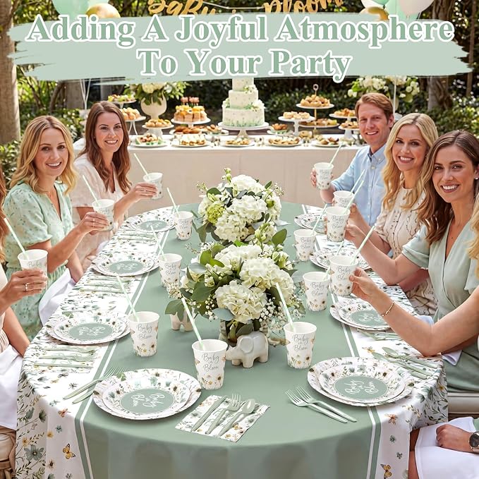 LemonRoad 452 Pcs Sage Green Baby in Bloom Decoration for 50, Green Baby Shower Paper Plates Napkins Cups Tablecloth Cutlery Straws Disposable Tableware for Spring Wildflower Babys Shower Party Supply
