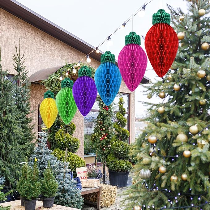 12 Pcs 12'' Jumbo Christmas Lights Honeycomb Hanging Decorations Large 3D Light Bulb Shaped Xmas Assorted Colors Honeycomb Ornament for Christmas Classroom Decorations