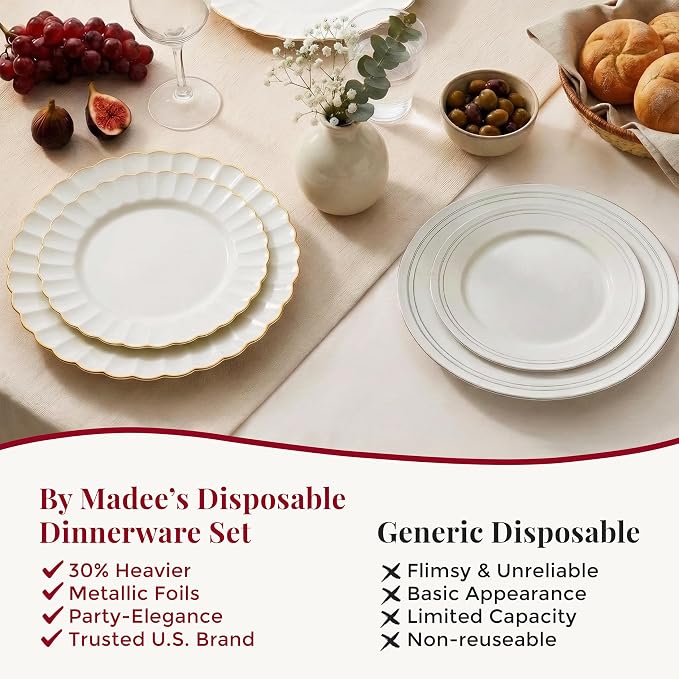 By Madee HEAVYWEIGHT Plastic Plates for Party | 60 Pc Ivory Scalloped Plates with Gold Trim | Fancy Disposable Plates for Weddings, Bridal Showers & Events | 30 Dinner & 30 Dessert
