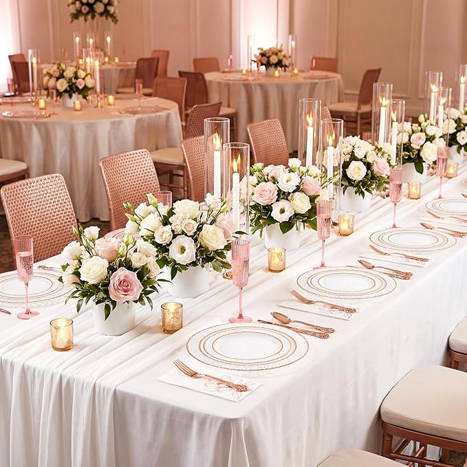 102PCS Rose Gold Plastic Plates - Clear Rose Gold Disposable Plates - Elegant Hammered Plate Include 51PCS 7.5inch Dessert & 51PCS 10.25inch Dinner Plate for Wedding Party Mother’s Day