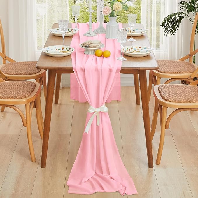 Horbaunal Light Pink Chiffon Table Runners 10FT Sheer Chiffon Runner 29x120 Inches Romantic Boho Rustic Table Runner for Wedding Party Bridal Baby Shower Table Decorations