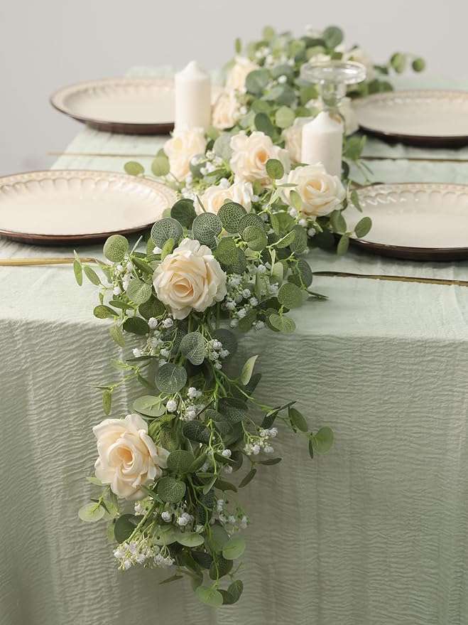 Anna's Whimsy 2PCS 5.91FT Artificial Eucalyptus Greenery with Flowers, Fake Rose Gypsophila for Wedding Spring Home Party Decor(Champagne)