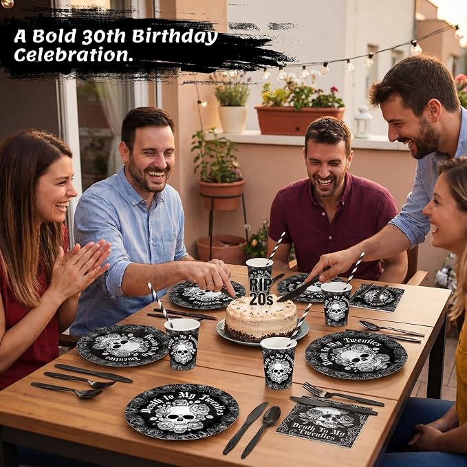 450 Pcs Death to My 20s Tableware Set Black White 30th Birthday Party Decorations Rip to My 20s Paper Plates Napkins Cups Cutlery Straws for Funeral Youth Birthday Supplies, Serves 50